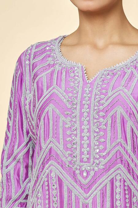 Shop_Priyaa_Purple Chanderi Zari, Sequins Split V-neck Hand Embroidered Kurta Sharara Set _Online_at_Aza_Fashions