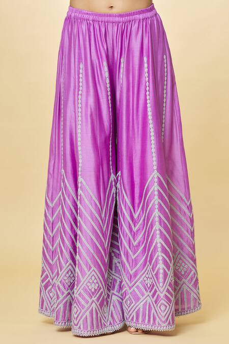 Priyaa_Purple Chanderi Zari, Sequins Split V-neck Hand Embroidered Kurta Sharara Set _at_Aza_Fashions