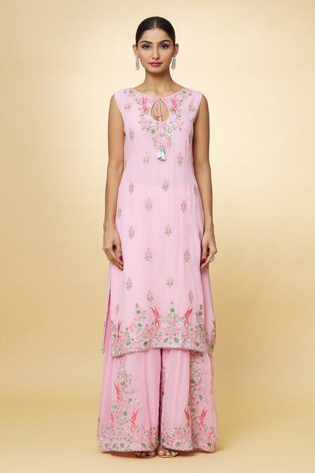 Priyaa_Pink Chanderi Embroidery Round Neck Floral Kurta Sharara Set _Online_at_Aza_Fashions