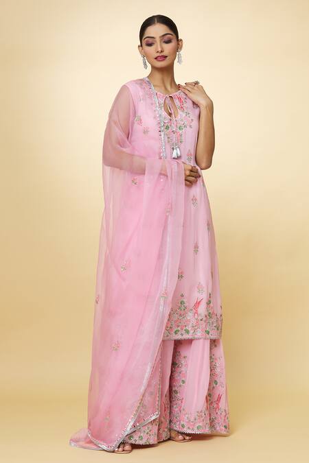 Buy_Priyaa_Pink Chanderi Embroidery Round Neck Floral Kurta Sharara Set _Online_at_Aza_Fashions