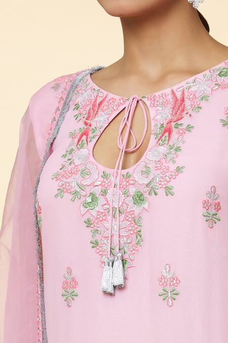 Shop_Priyaa_Pink Chanderi Embroidery Round Neck Floral Kurta Sharara Set _Online_at_Aza_Fashions