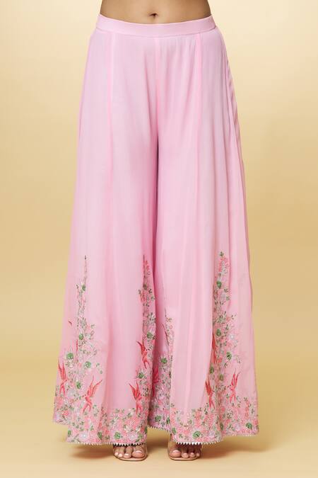 Priyaa_Pink Chanderi Embroidery Round Neck Floral Kurta Sharara Set _at_Aza_Fashions