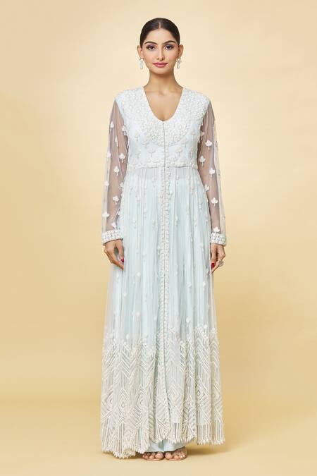 Priyaa Blue Georgette Beads, Embroidery Round Neck Anarkali Trouser Set Online at Aza Fashions Priyaa_Blue Georgette Beads, Embroidery Round Neck Anarkali Trouser Set _Online_at_Aza_Fashions