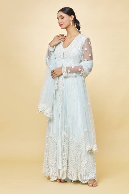 Buy Priyaa Blue Georgette Beads, Embroidery Round Neck Anarkali Trouser Set Online at Aza Fashions Buy_Priyaa_Blue Georgette Beads, Embroidery Round Neck Anarkali Trouser Set _Online_at_Aza_Fashions