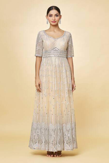 Priyaa_Beige Georgette Mirrors, Embroidery Bandeau Neck And Thread Anarkali Set _Online_at_Aza_Fashions