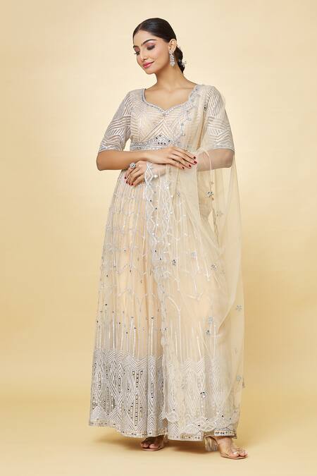 Buy_Priyaa_Beige Georgette Mirrors, Embroidery Bandeau Neck And Thread Anarkali Set _Online_at_Aza_Fashions