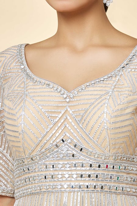 Shop_Priyaa_Beige Georgette Mirrors, Embroidery Bandeau Neck And Thread Anarkali Set _Online_at_Aza_Fashions