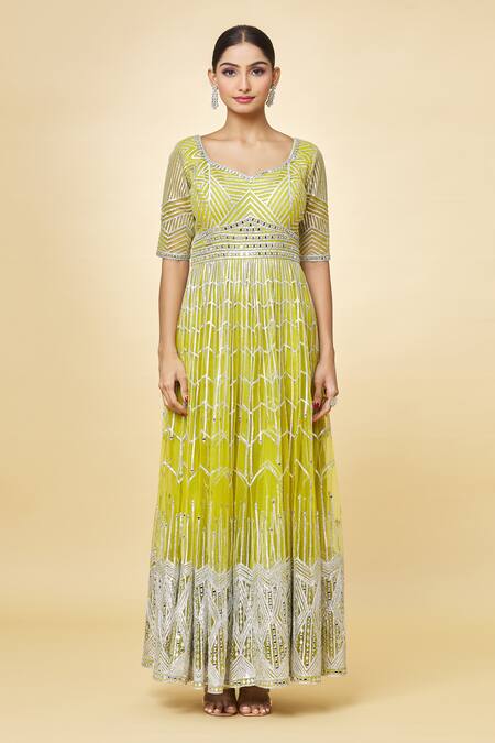 Priyaa_Yellow Georgette Mirrors, Embroidery Asymmetric Anarkali Set _Online_at_Aza_Fashions