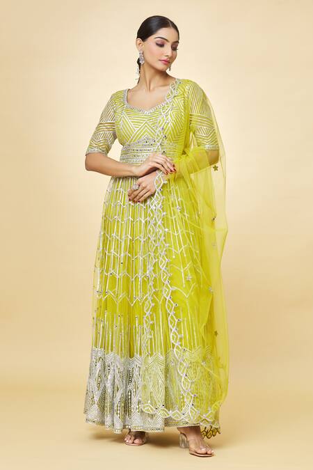 Buy_Priyaa_Yellow Georgette Mirrors, Embroidery Asymmetric Anarkali Set _Online_at_Aza_Fashions