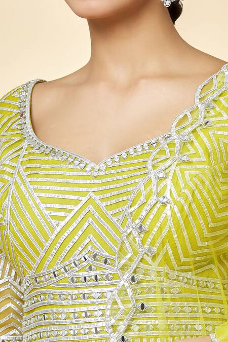 Shop_Priyaa_Yellow Georgette Mirrors, Embroidery Asymmetric Anarkali Set _Online_at_Aza_Fashions