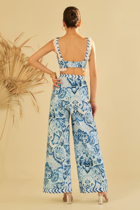 Shop Sage Saga Blue Poplin Embroidery Sweetheart Neck Floral Chantilly Lace Bustier And Pant Set at Aza Fashions Shop_Sage Saga_Blue Poplin Embroidery Sweetheart Neck Floral Chantilly Lace Bustier And Pant Set _at_Aza_Fashions