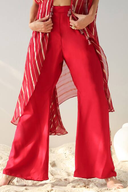 Kesar Studio Red Silk, Georgette Beads, Sequins Square Neck Stripe Pattern Jacket Pant Set Online at Aza Fashions Kesar Studio_Red Silk, Georgette Beads, Sequins Square Neck Stripe Pattern Jacket Pant Set_Online_at_Aza_Fashions