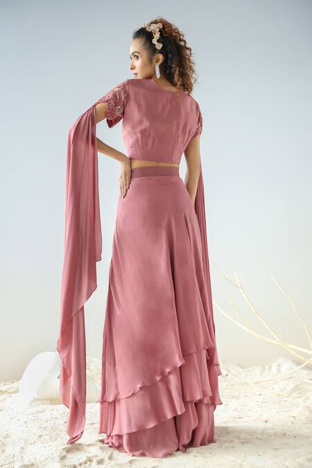 Shop_Kesar Studio_Purple Silk, Organza, Georgette Sequins, Applique Embroidered Blouse And Skirt Set_at_Aza_Fashions