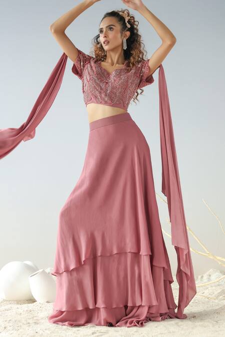 Buy_Kesar Studio_Purple Silk, Organza, Georgette Sequins, Applique Embroidered Blouse And Skirt Set_Online_at_Aza_Fashions