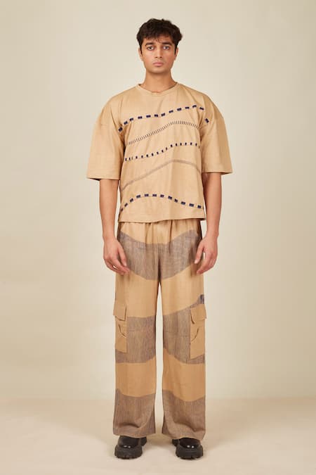 BANANA labs Beige Cotton Knit Printed Wave Stripe Hand Block Big T-shirt And Pant Set 