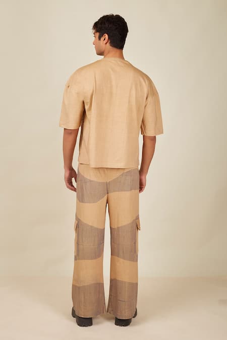 Shop_Banana Labs_Beige Cotton Big Wave Hand Block Printed T-shirt And Pant Set _at_Aza_Fashions