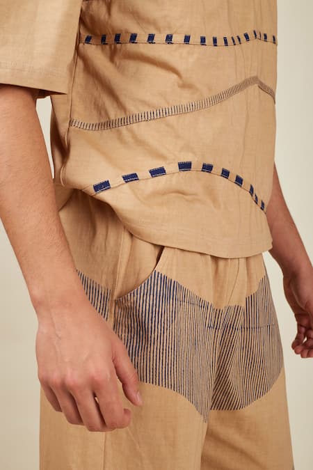 Shop_Banana Labs_Beige Cotton Big Wave Hand Block Printed T-shirt And Pant Set _Online_at_Aza_Fashions