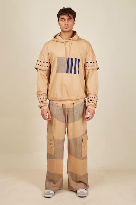 BANANA labs Beige Cotton Knit Printed Wave Stripe Hand Block Big Hoodie And Pant Set 