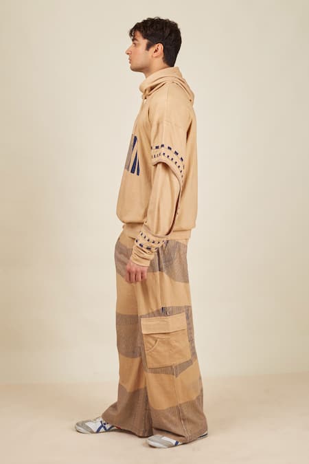 Banana Labs_Beige Cotton Wave Stripe Hand Block Printed Hoodie And Pant Set _Online_at_Aza_Fashions