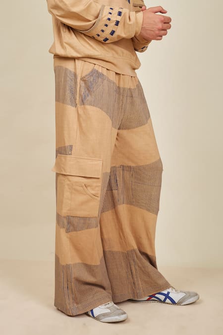 Buy_Banana Labs_Beige Cotton Wave Stripe Hand Block Printed Hoodie And Pant Set _Online_at_Aza_Fashions