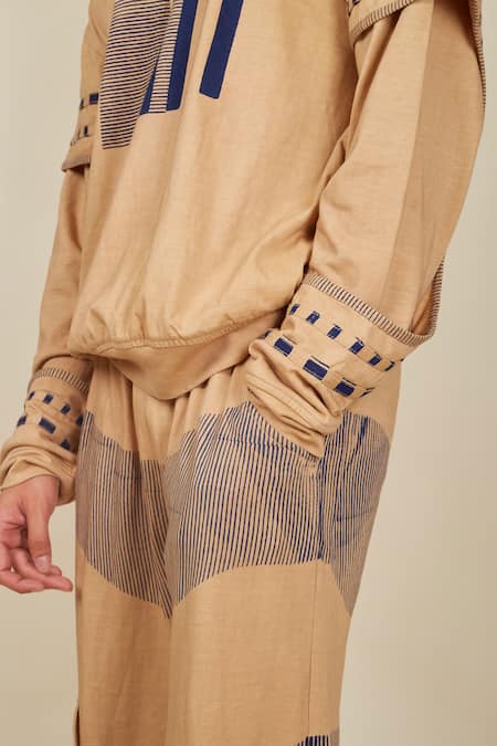 Shop_Banana Labs_Beige Cotton Wave Stripe Hand Block Printed Hoodie And Pant Set _Online_at_Aza_Fashions
