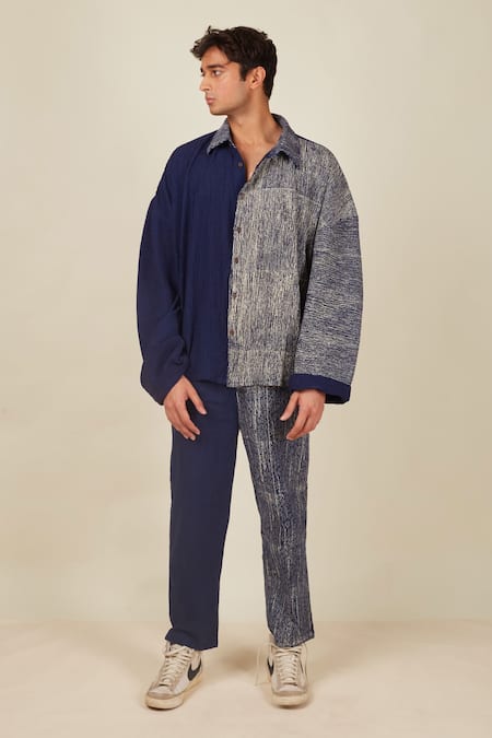 BANANA labs Blue Cotton Printed Stripe Hand Block Crinkled Shirt And Pant Set 