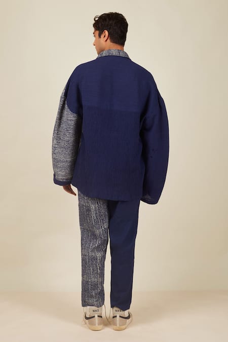 Shop_Banana Labs_Blue Cotton Crinkled Stripe Hand Block Printed Shirt And Pant _at_Aza_Fashions