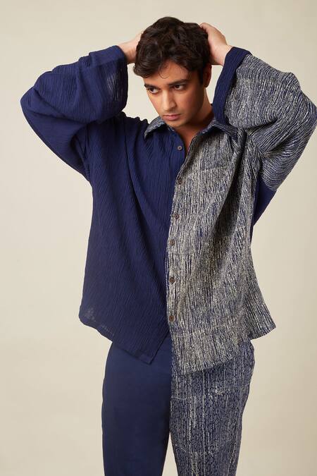 Banana Labs_Blue Cotton Crinkled Stripe Hand Block Printed Shirt And Pant _Online_at_Aza_Fashions