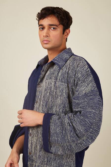 Buy_Banana Labs_Blue Cotton Crinkled Stripe Hand Block Printed Shirt And Pant _Online_at_Aza_Fashions