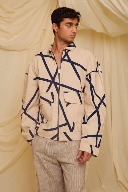 BANANA labs Beige Chambray Printed Stripe Hand Block Crossroads Jacket 