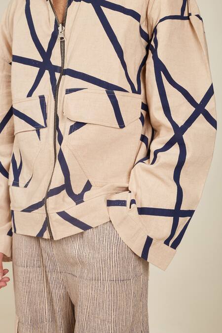 Banana Labs_Beige Cotton Crossroads Block Print Jacket _at_Aza_Fashions