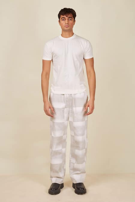 BANANA labs Ivory Pant Denim Printed Graded Checkered Hand Block And T-shirt Set 