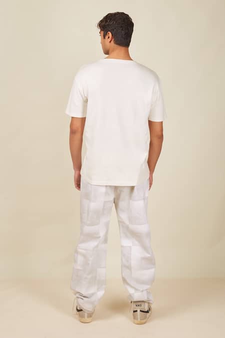 Shop Banana Labs White Cotton, Denim Misty Geometric Block Print T-shirt And Pant Set at Aza Fashions Shop_Banana Labs_White Cotton, Denim Misty Geometric Block Print T-shirt And Pant Set _at_Aza_Fashions