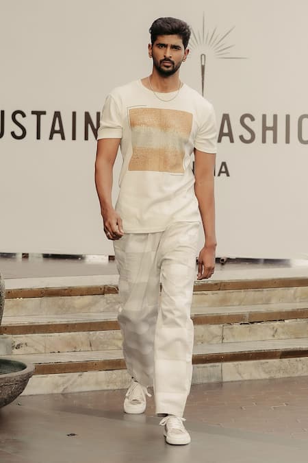 Banana Labs White Cotton, Denim Misty Geometric Block Print T-shirt And Pant Set Online at Aza Fashions Banana Labs_White Cotton, Denim Misty Geometric Block Print T-shirt And Pant Set _Online_at_Aza_Fashions