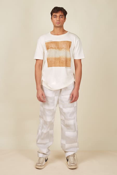 Shop Banana Labs White Cotton, Denim Misty Geometric Block Print T-shirt And Pant Set Online at Aza Fashions Shop_Banana Labs_White Cotton, Denim Misty Geometric Block Print T-shirt And Pant Set _Online_at_Aza_Fashions