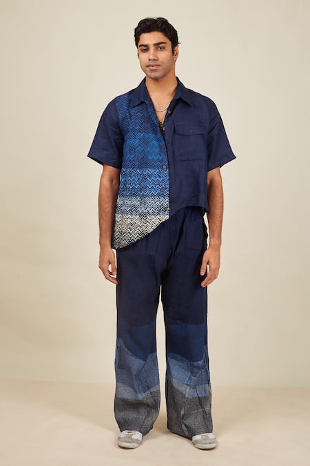 Buy Banana Labs Blue Linen Chevron Print Shirt And Pant Set Online at Aza Fashions Buy_Banana Labs_Blue Linen Chevron Print Shirt And Pant Set _Online_at_Aza_Fashions