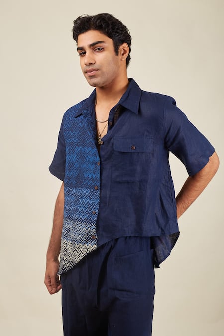 Shop Banana Labs Blue Linen Chevron Print Shirt And Pant Set Online at Aza Fashions Shop_Banana Labs_Blue Linen Chevron Print Shirt And Pant Set _Online_at_Aza_Fashions