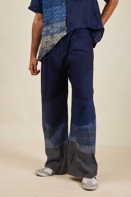 Banana Labs Blue Linen Chevron Print Shirt And Pant Set at Aza Fashions Banana Labs_Blue Linen Chevron Print Shirt And Pant Set _at_Aza_Fashions