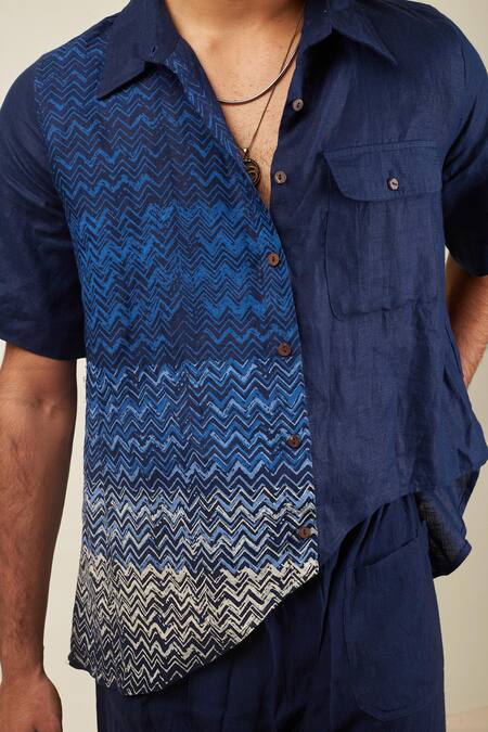 Buy Banana Labs Blue Linen Chevron Print Shirt And Pant Set Buy_Banana Labs_Blue Linen Chevron Print Shirt And Pant Set