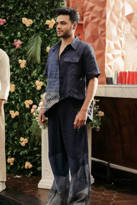 Banana Labs Blue Linen Chevron Block Print Shirt Online at Aza Fashions Banana Labs_Blue Linen Chevron Block Print Shirt _Online_at_Aza_Fashions