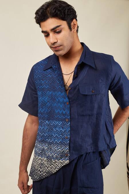 Shop Banana Labs Blue Linen Chevron Block Print Shirt Online at Aza Fashions Shop_Banana Labs_Blue Linen Chevron Block Print Shirt _Online_at_Aza_Fashions