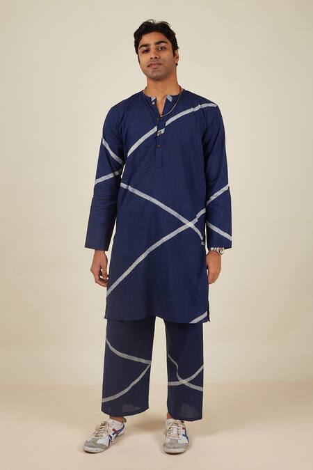 Banana Labs_Blue Cotton Embroidery Strike Hand Block Print Kurta Set _Online_at_Aza_Fashions