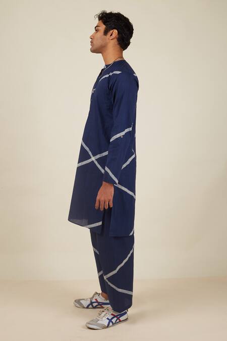 Buy_Banana Labs_Blue Cotton Embroidery Strike Hand Block Print Kurta Set _Online_at_Aza_Fashions