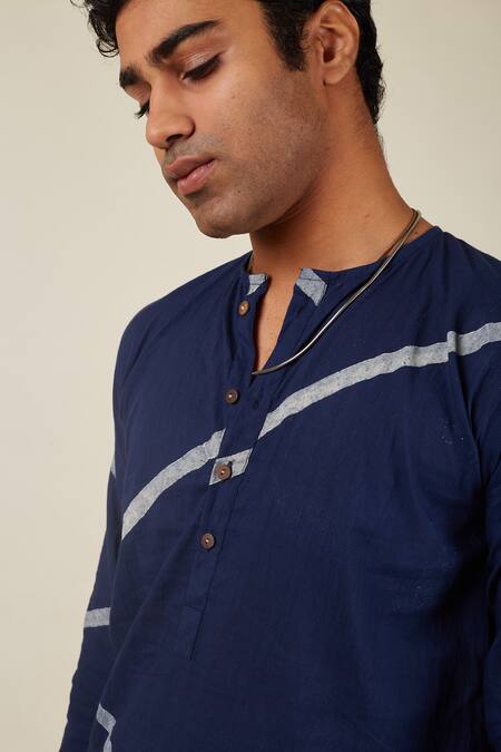 Shop_Banana Labs_Blue Cotton Embroidery Strike Hand Block Print Kurta Set _Online_at_Aza_Fashions