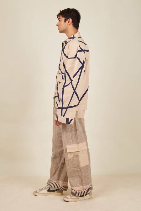 Shop_Banana Labs_Beige Chambray Printed Stripe Hand Block Crossroads Pant _at_Aza_Fashions