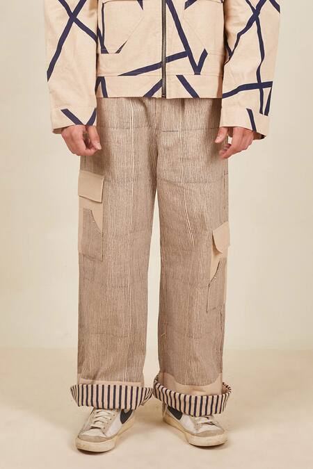Buy_Banana Labs_Beige Chambray Printed Stripe Hand Block Crossroads Pant _Online_at_Aza_Fashions