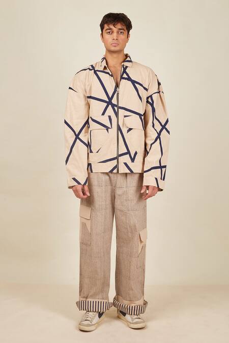Shop_Banana Labs_Beige Chambray Printed Stripe Hand Block Crossroads Pant _Online_at_Aza_Fashions