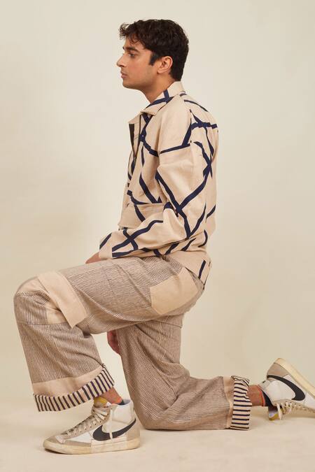 Banana Labs_Beige Chambray Printed Stripe Hand Block Crossroads Pant _at_Aza_Fashions