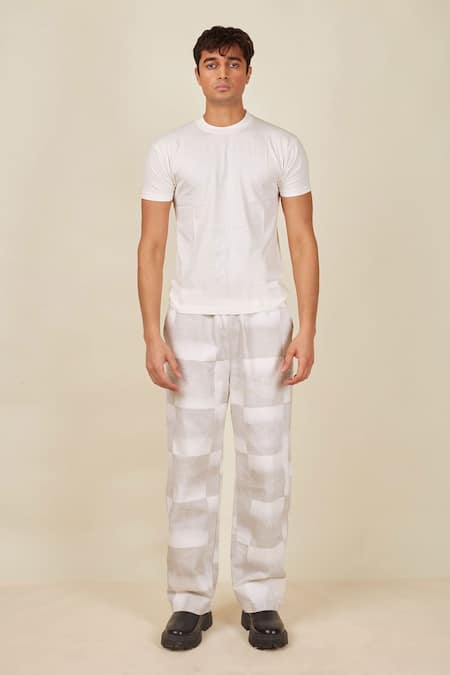 Shop Banana Labs White Denim Graded Checkered Block Print Pant at Aza Fashions Shop_Banana Labs_White Denim Graded Checkered Block Print Pant _at_Aza_Fashions