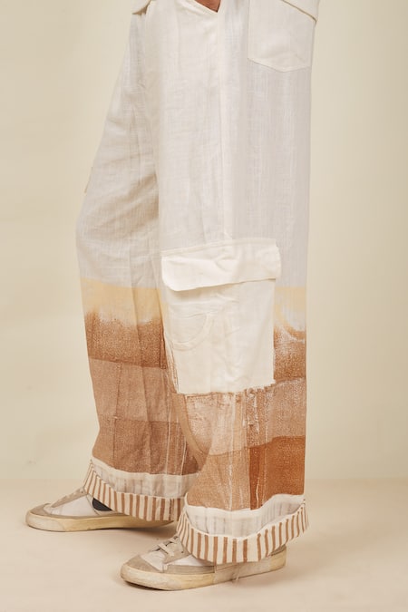 Shop Banana Labs White Linen Printed Hazy Hand Block Pant at Aza Fashions Shop_Banana Labs_White Linen Printed Hazy Hand Block Pant _at_Aza_Fashions